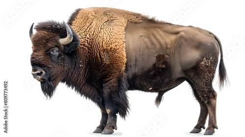 Majestic Bison Stands in Profile Against White Background, Symbol of the American West. Wildlife photography, ideal for educational and commercial use. AI