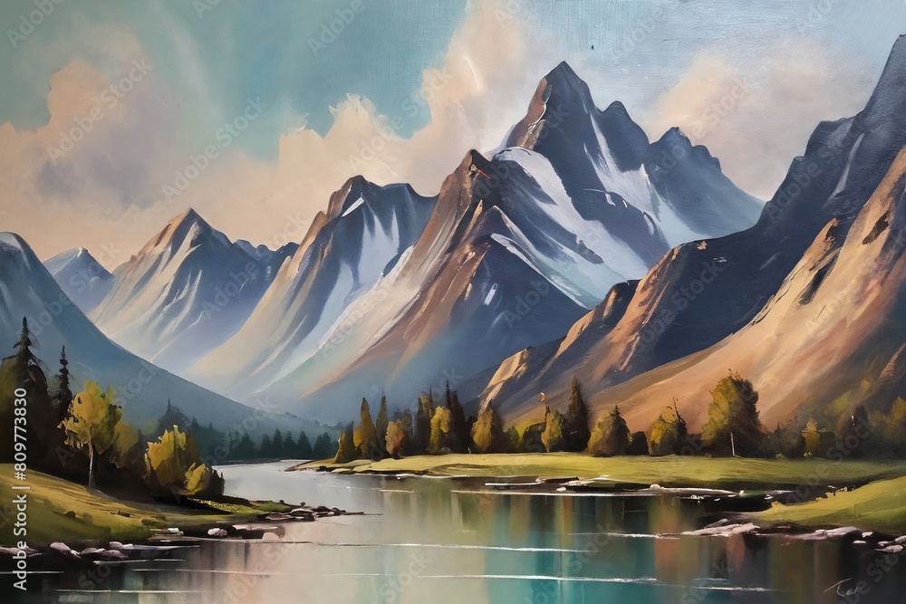 Watercolor illustration of a mountain landscape.