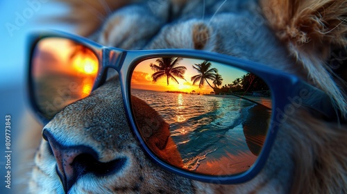   A close-up of a cat in sunglasses reflecting a sunset in its eyes photo