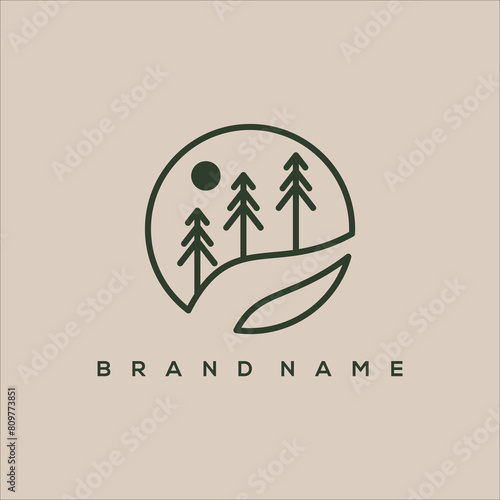 line art river pine and sun circle logo vector