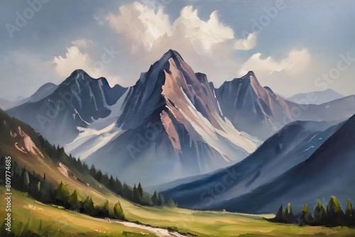 Watercolor illustration of a mountain landscape.