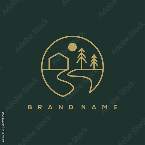 line art house river pine and park circle logo vector