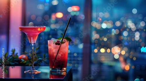 Elegant cocktails at night, city skyline backdrop, an urban nightlife scene. Chic drinks on a bar counter. Perfect for hospitality marketing. AI photo