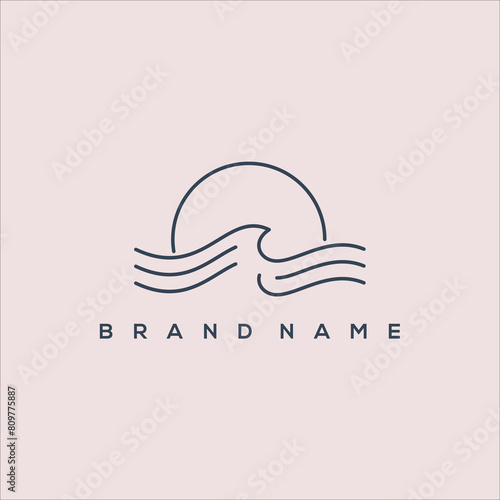 logo minimalist wave ocean coastal and sun line art vector