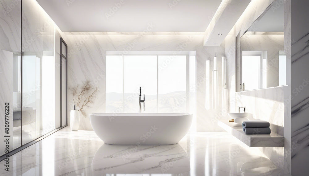 modern bathroom in white marble, day light
modern bathroom in white marble, day light
