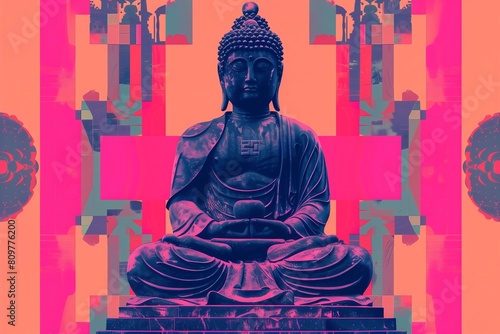 Illustration of a Buddha statue, concept of Buddhism, spiritual balance, mental practices and tranquility, Asian tradition culture, banner, poster, Buddha Purnima concept