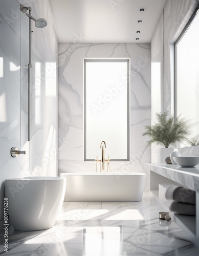 modern bathroom in white marble, day light 