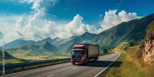 Truck driving on the highway in the mountains. Transportation and logistics concept. photo