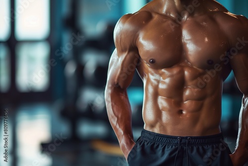 Glistening abs of a fit male athlete, with a powerful stance in a softly lit gym © Darya Lavinskaya