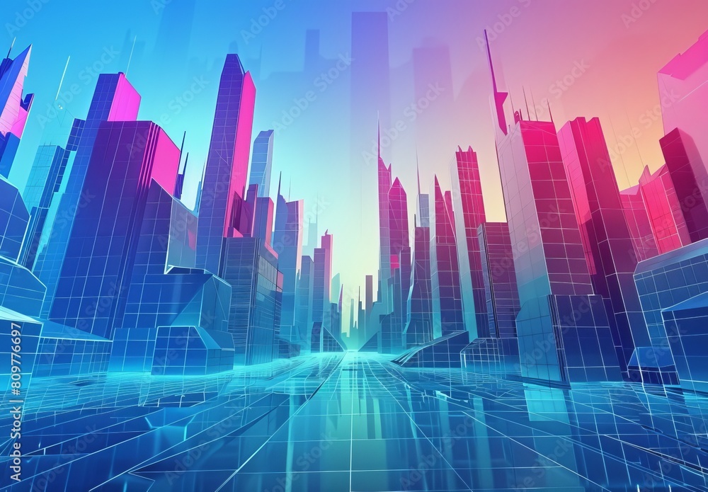 Vector illustration of 3D polygonal city, futuristic concept, metropolis for VR glasses. Abstract cityscape for tech background in virtual reality.