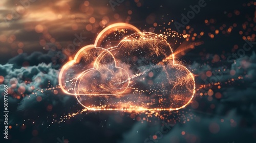 digital cloud computing logo with particle ring circle , futuristic abstract background, illustration