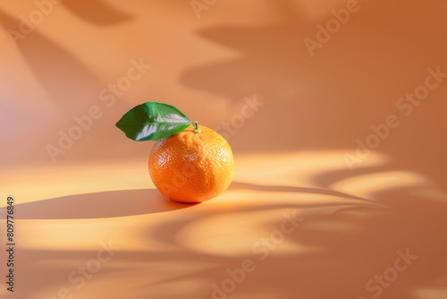 Artful use of shadow and light creates a dramatic effect on an orange with a leaf, highlighting texture and form photo