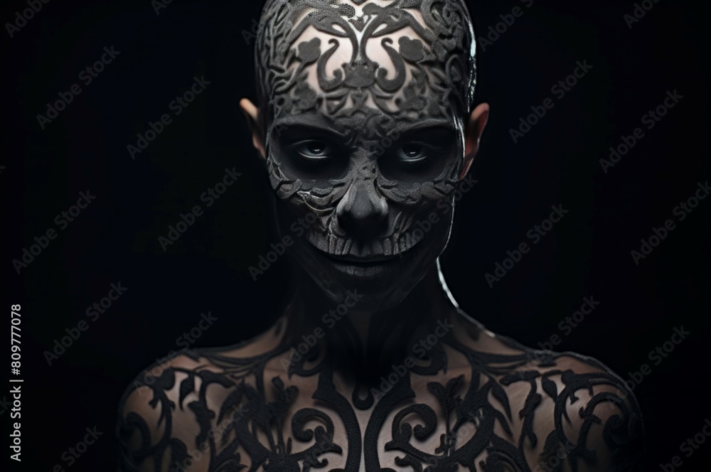 Mysterious portrait of a woman with a decorative mask and intricate body painting on a dark background Mysterious portrait of a woman with a decorative mask and intricate body painting on a dark background