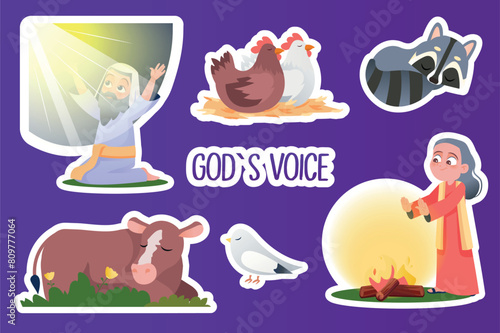 Set of stickers God's voice in flat cartoon design. This image depicts the peaceful life of a woman, domestic animals, and God's appeal to Abraham. Vector illustration.