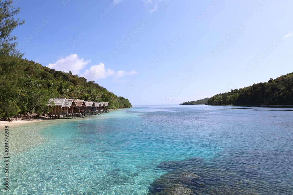 Fototapeta premium View of typical bamboo houses in West Papua, Raja Ampat archipelago