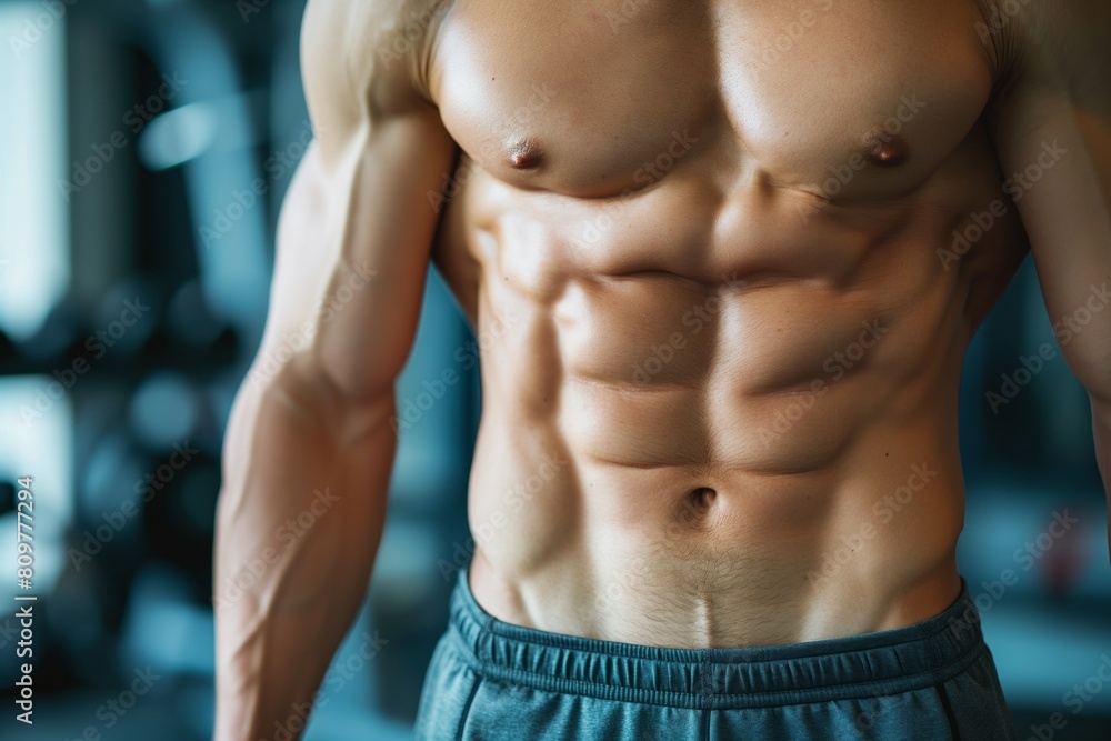 Ultra fit male athlete with sculpted abs and pecs, focusing on his workout in a well equipped gym Ultra fit male athlete with sculpted abs and pecs, focusing on his workout in a well equipped gym