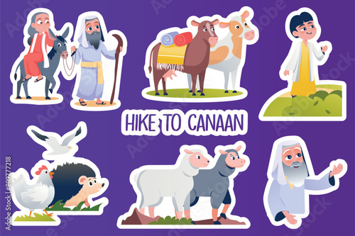 Set of stickers Hike to Canaan in flat cartoon design. This wonderful illustration depicts Abraham's family, cute animals and their journey to Canaan. Vector illustration.
