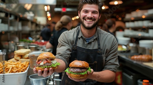   A man in an apron is holding two hamburgers in front of a table filled with fries and a bucket of fries