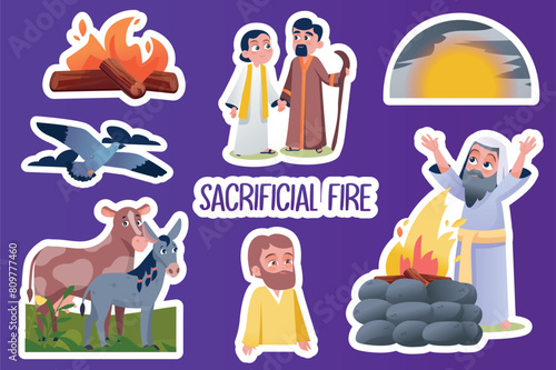 Set of stickers Sacrificial fire in flat cartoon design. This colorful illustration shows a set of stickers with images of Abraham and other people, animals and sacrificial fire. Vector illustration.