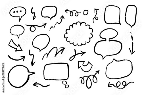 Grunge doodle texture brush stroke elements. Line movement element, emotion effect decoration icon. Simple blob grunge paint texture arrows, speech balloons, line style emphasis, arrows