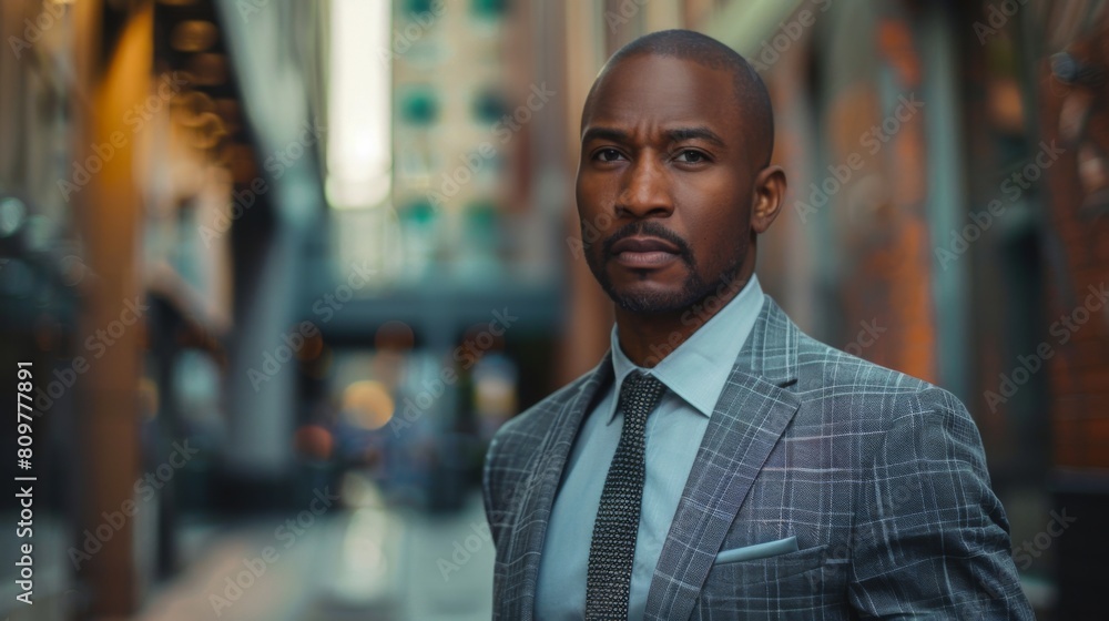 A professional looking man confidently stands in an urban environment, exuding leadership A professional looking man confidently stands in an urban environment, exuding leadership