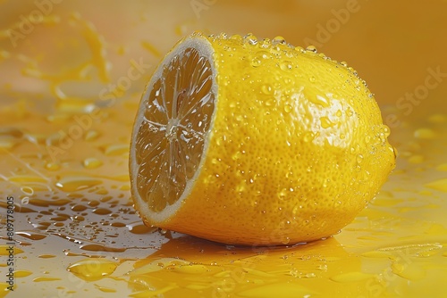 Close-up of a ripe lemon, cut in half, beaded with water droplets, showcasing texture and freshness photo