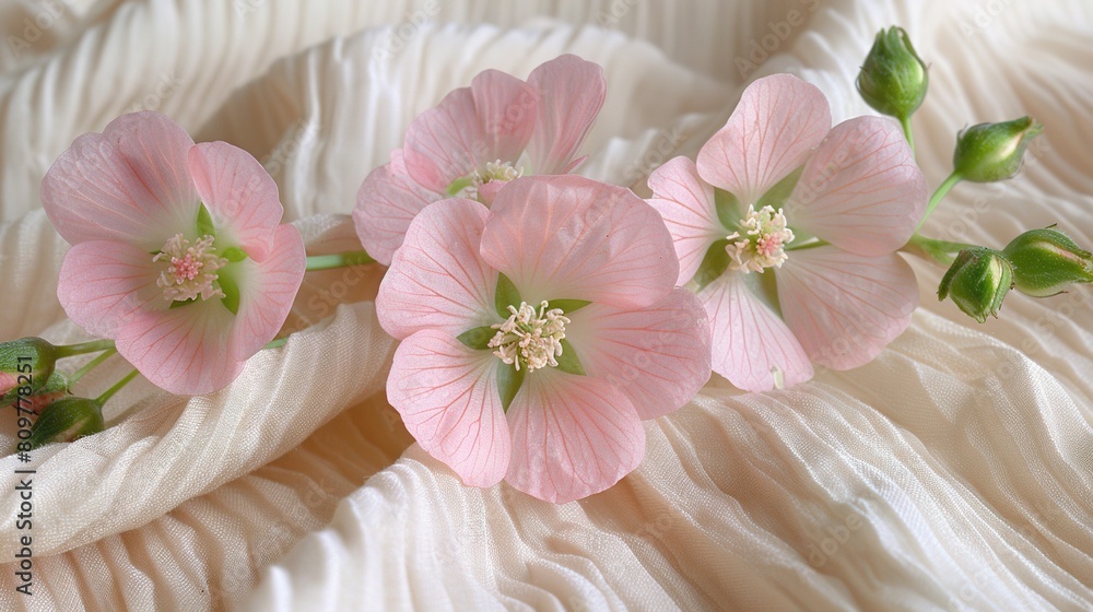 A collection of pink blossoms atop a white mattress, adorned with white linens and a solitary pink petal on the white comforter (41 tokens A collection of pink blossoms atop a white mattress, adorned with white linens and a solitary pink petal on the white comforter (41 tokens