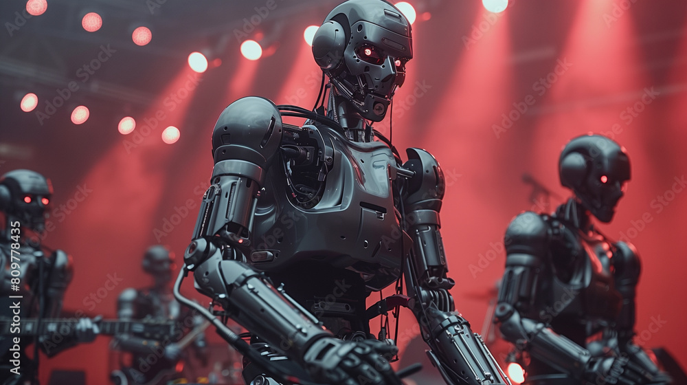 Fototapeta premium Futuristic robots on stage with red lighting.