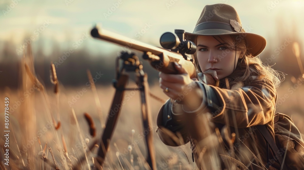 Fototapeta premium A woman is holding a rifle and wearing a hat