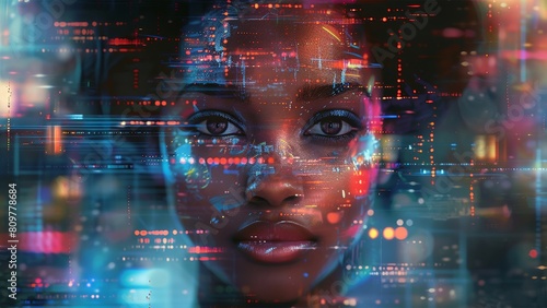 Black woman cyber security expert. With AI code illusminated overlay around her. Working in a data center. Female Computer Engineer. Generate AI.