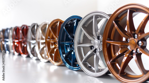 A lineup of colorful car rims displayed in a row.