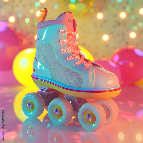 Colorful 3D Cartoon Roller Skates with Disco Background for Advertising and Social Media Templates