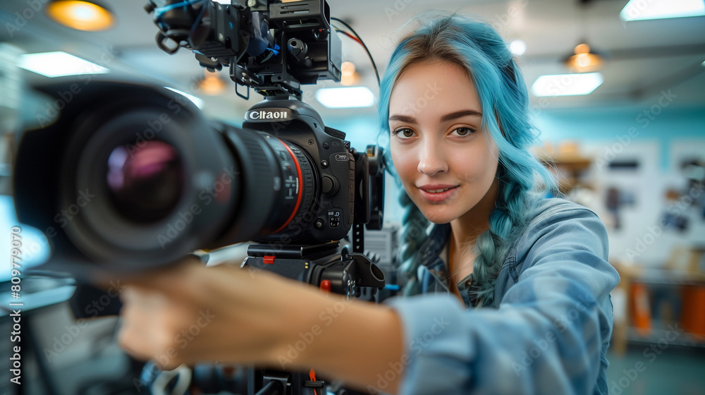 Young Caucasian Female Cinematographer With Blue Hair Adjusts Camera Equipment In Modern Studio, Focusing On Creative Video Production For Advertising, Showcasing Teamwork And Artistic Skill. Young Caucasian Female Cinematographer With Blue Hair Adjusts Camera Equipment In Modern Studio, Focusing On Creative Video Production For Advertising, Showcasing Teamwork And Artistic Skill.