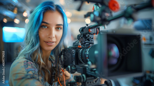 Young Caucasian Female Cinematographer With Blue Hair Adjusts Camera Equipment In Modern Studio, Focusing On Creative Video Production For Advertising, Showcasing Teamwork And Artistic Skill.