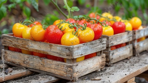  A box brimming with ripe red   yellow toms  resting atop a wooden table  beside lush greenery