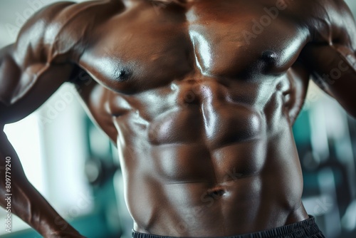Close up of an intensely muscular male torso, hands gripping head, in a dramatic gym setting