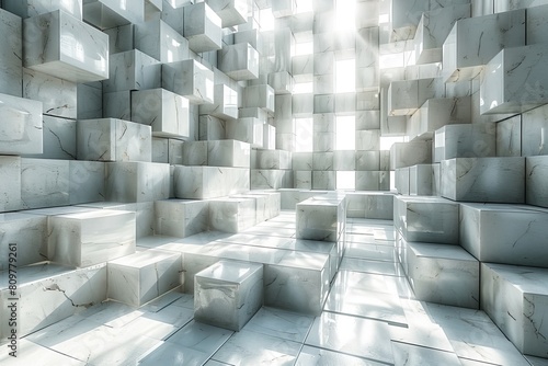 Pristine white marble blocks create a maze-like structure in a sunlit architectural space