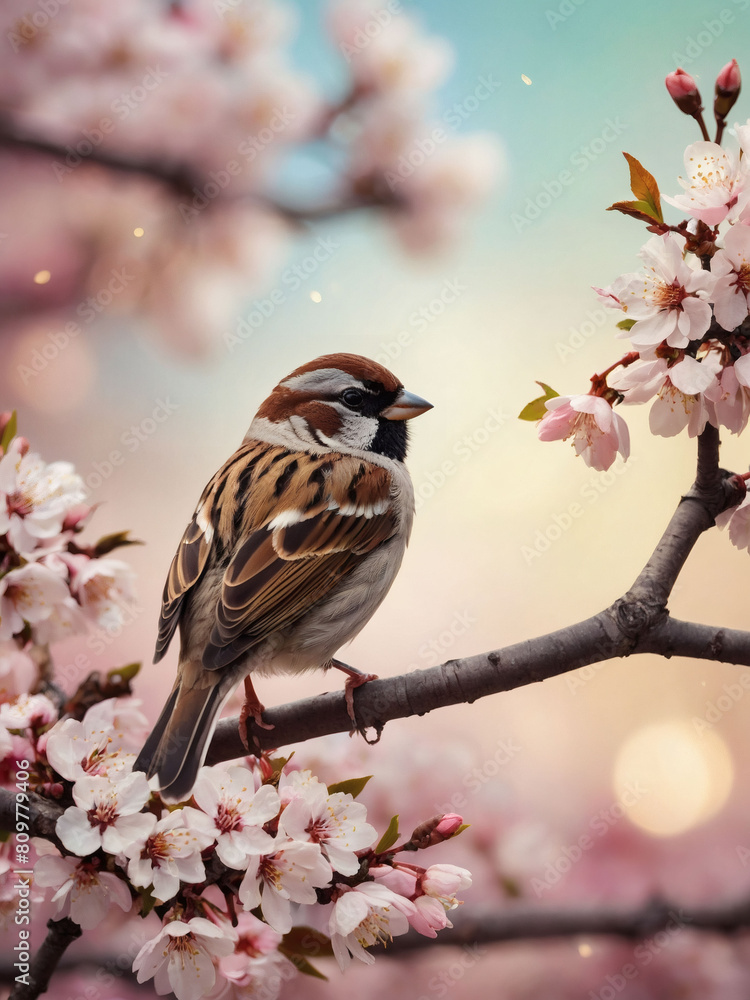 Whimsical Spring Scene, Cute Sparrow Amid Cherry Blossoms, Ideal Romantic Background Whimsical Spring Scene, Cute Sparrow Amid Cherry Blossoms, Ideal Romantic Background