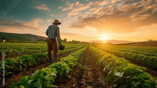 Professional farmer working while planting and checking crop at farm. Skilled agricultural worker walking at sunset or dawn while harvesting the crop and taking care crop at vegetable plot. AIG42.