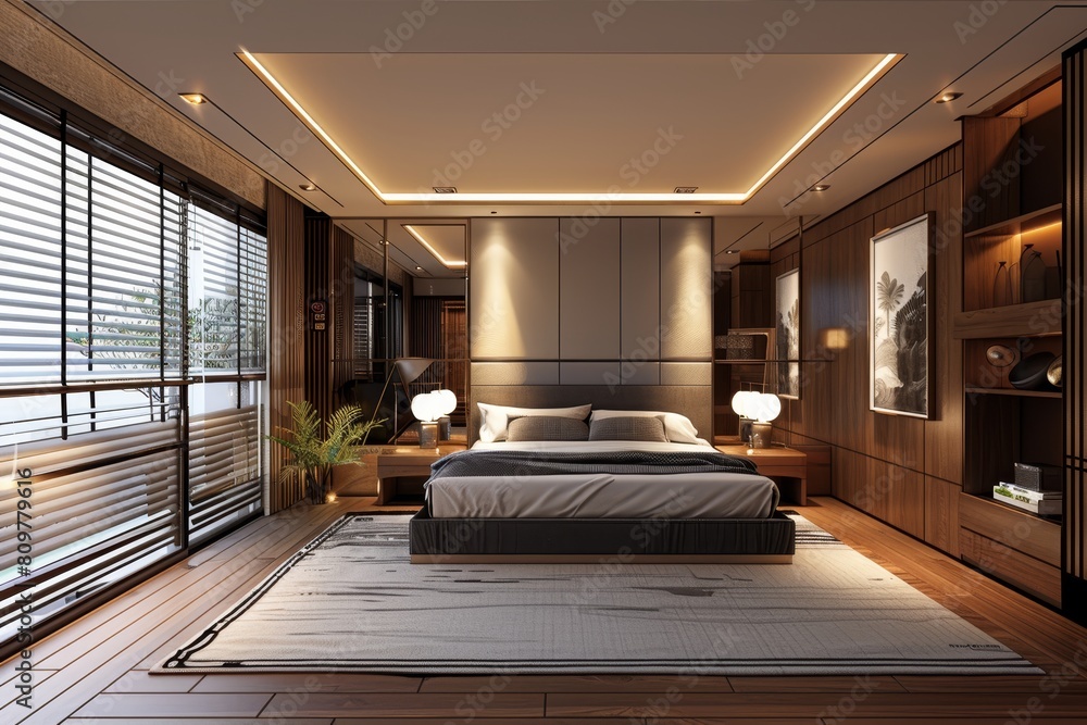 Naklejka premium Modern bedroom with wooden floors and large framed mirror, high-contrast shading.