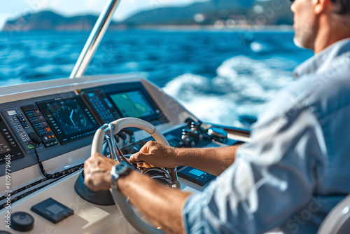 Close-up of a captain steering a yacht with a backdrop of the open sea, focusing on the details of the helm and the navigation instruments