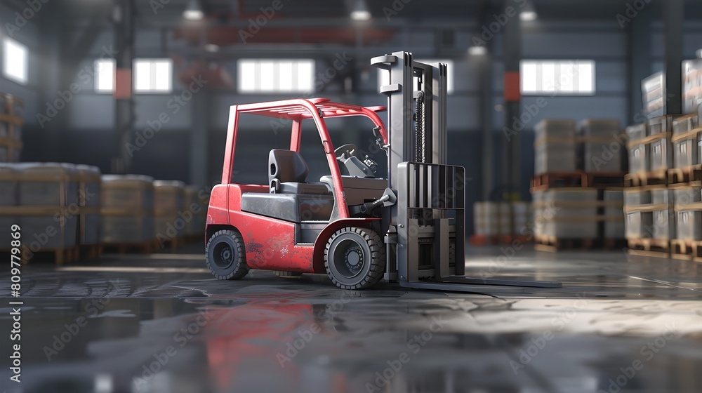 Red forklift in action at a busy warehouse. Industrial equipment on the job. Logistics and shipping concept. Realistic 3D rendering for stock. AI
