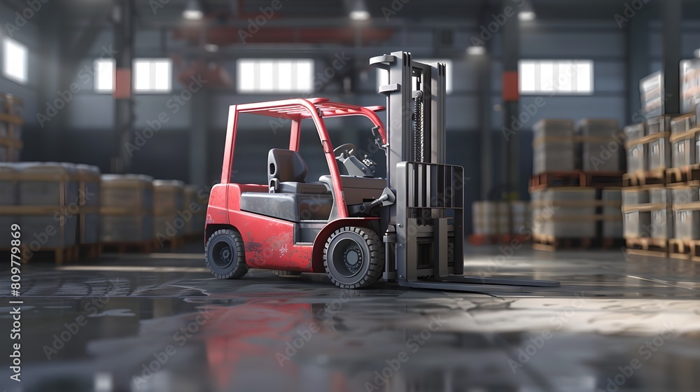 Red forklift in action at a busy warehouse. Industrial equipment on the job. Logistics and shipping concept. Realistic 3D rendering for stock. AI Red forklift in action at a busy warehouse. Industrial equipment on the job. Logistics and shipping concept. Realistic 3D rendering for stock. AI