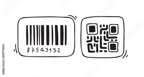 Doodle barcode. Doodle QR code. Hand drawn datum symbols collection. Barcode and QR code doodles.