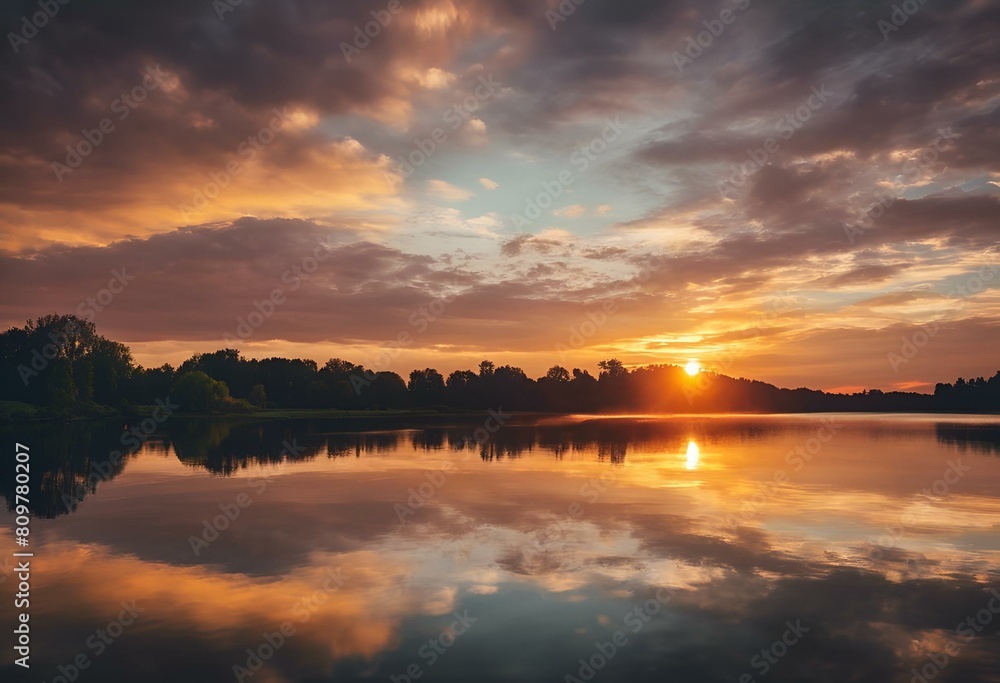 AI generated illustration of a lake surrounded by trees at sunset