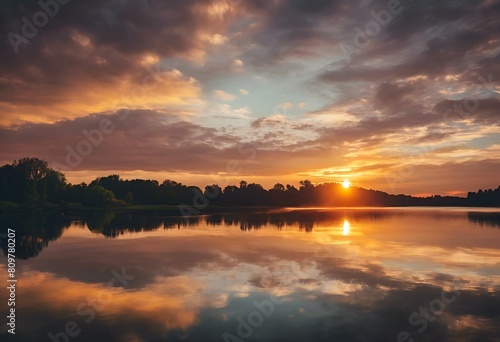 AI generated illustration of a lake surrounded by trees at sunset © Wirestock