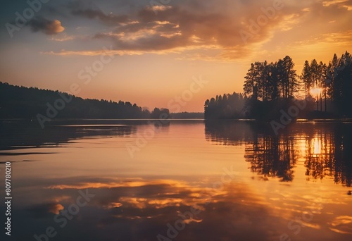 AI generated illustration of a lake surrounded by trees at sunset © Wirestock