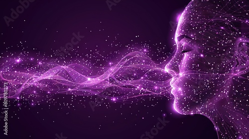  A woman's face with a purple background and illuminations emerging from the sides of her face © Nadia