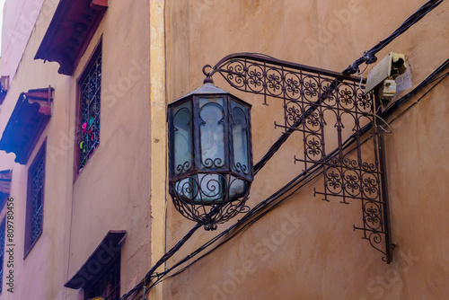 Typical building with streetlamp, in Meknes