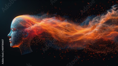   A woman's head emits an orange-red smoke trail in this digital image photo